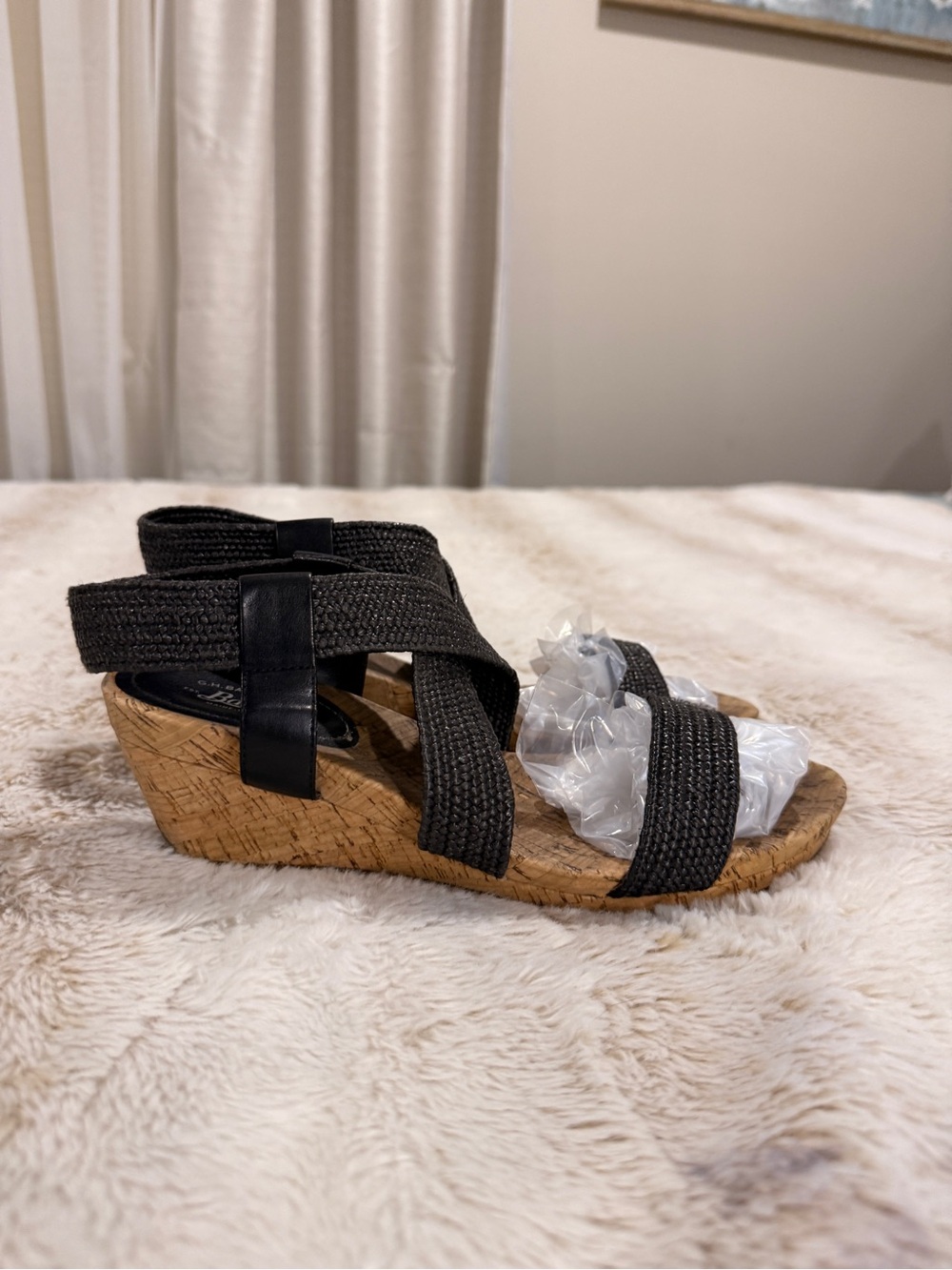 G.H. Bass Black Woven Cork Wedge Sandals Women’s Strappy Ankle Strap